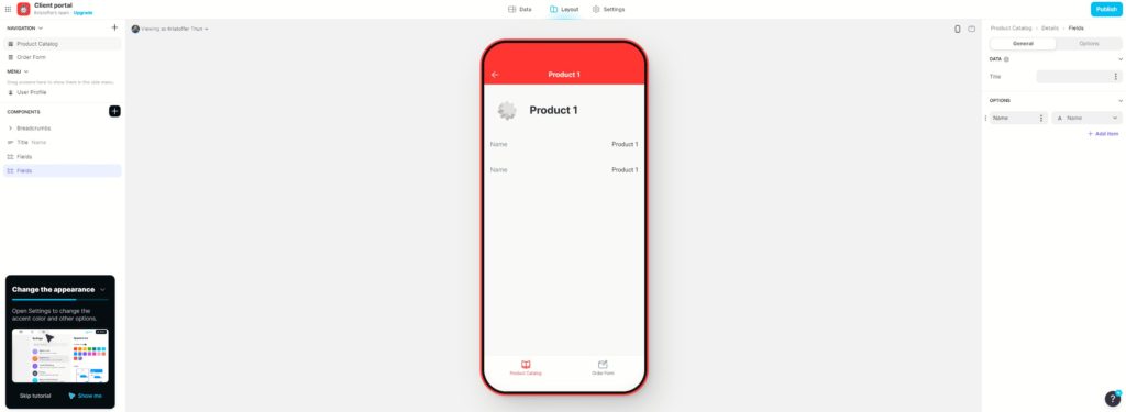 inside Glide workspace where you build the app
