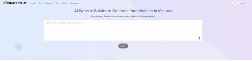 Appypie website builder, text box to describe to generate your website