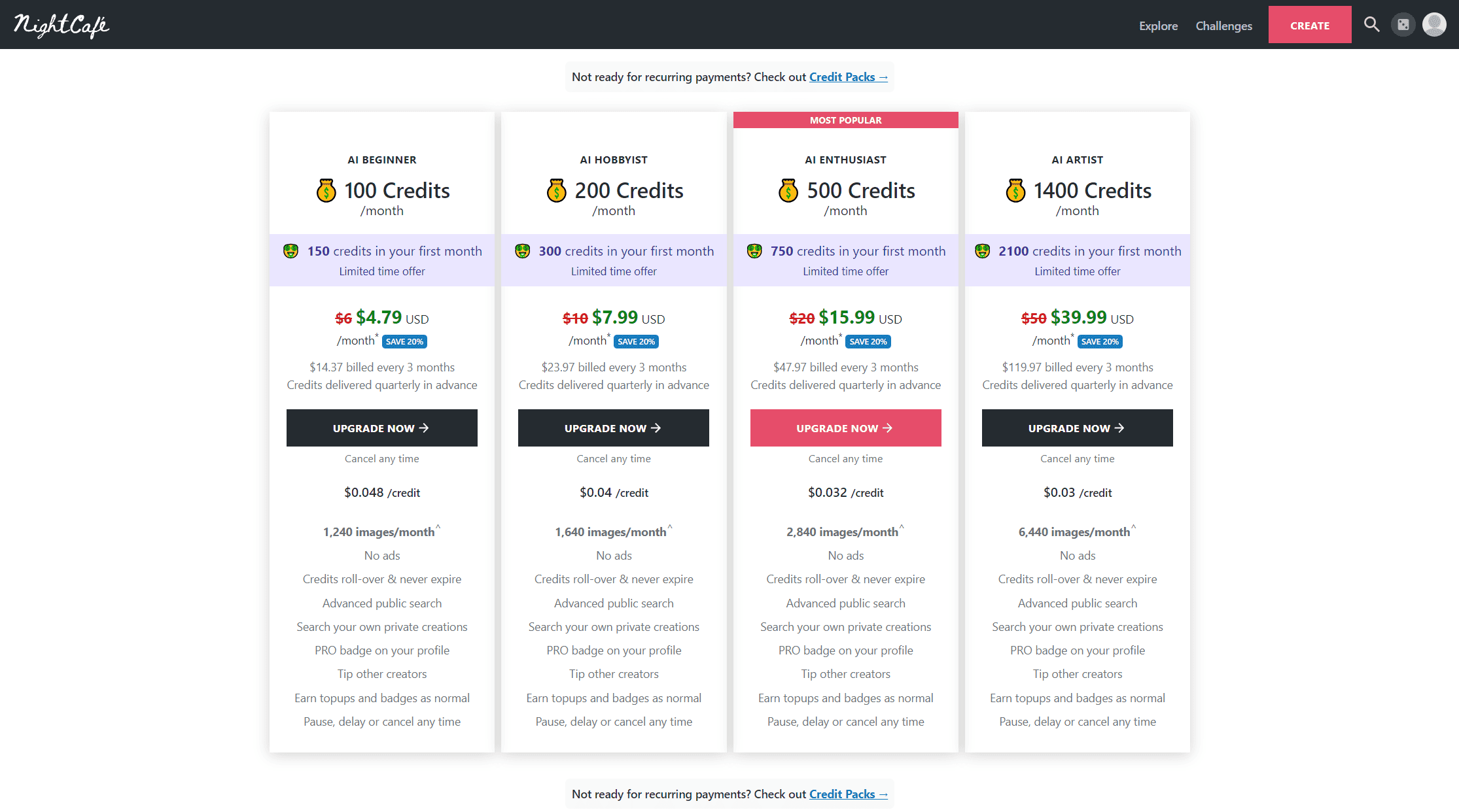 NightCafe Creator Pricing Plans