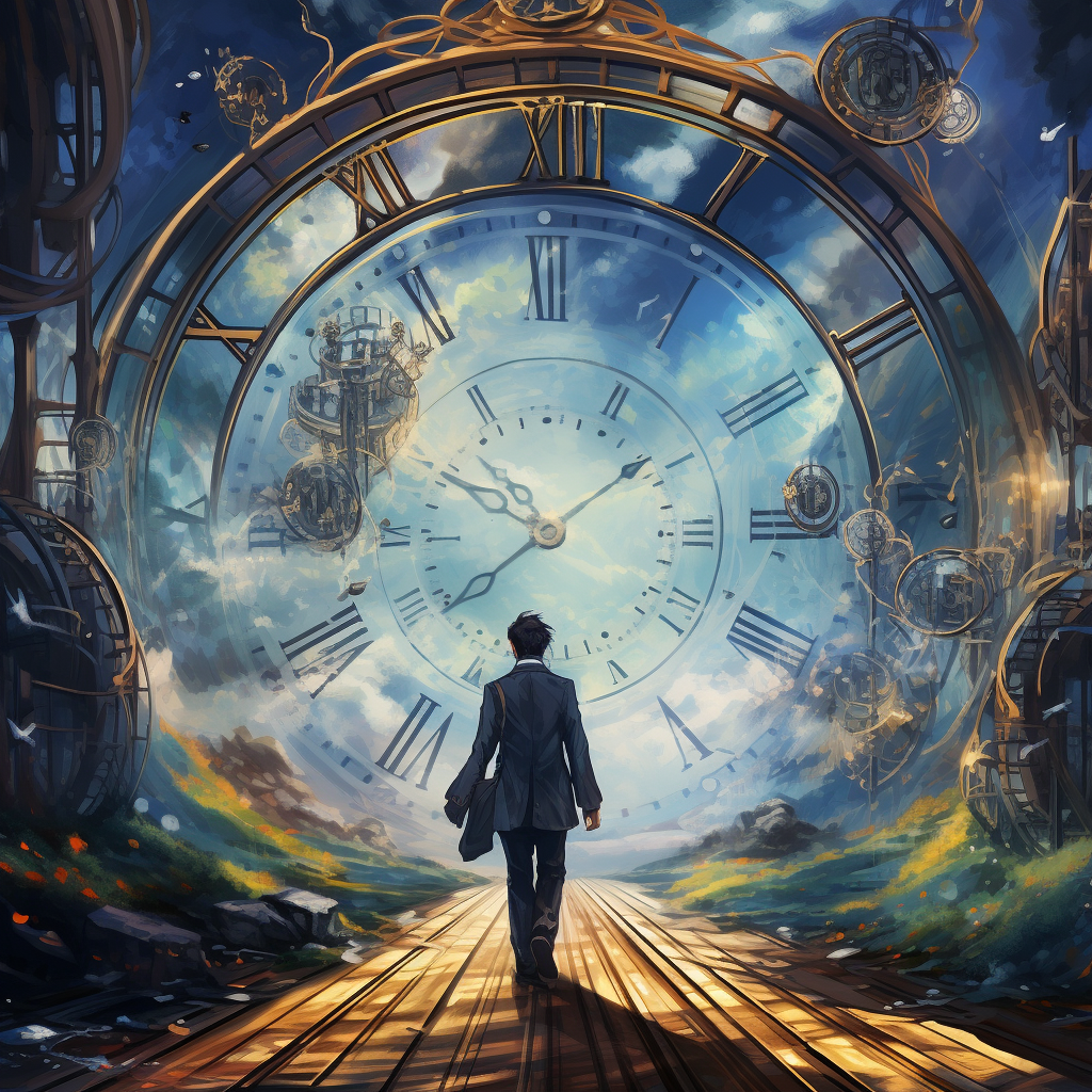 A visual art of a man's time travel.