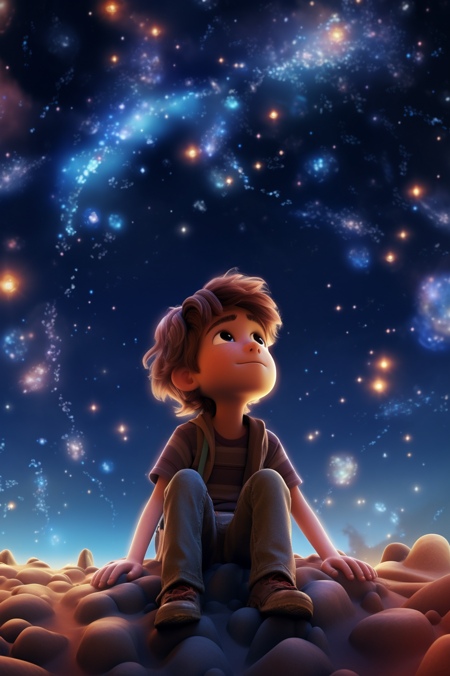 A teenage male is looking at a beautiful starry sky, Pixar style. Aspect ratio 2:3.