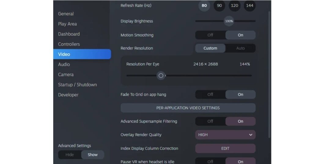VR Steam menu video settings