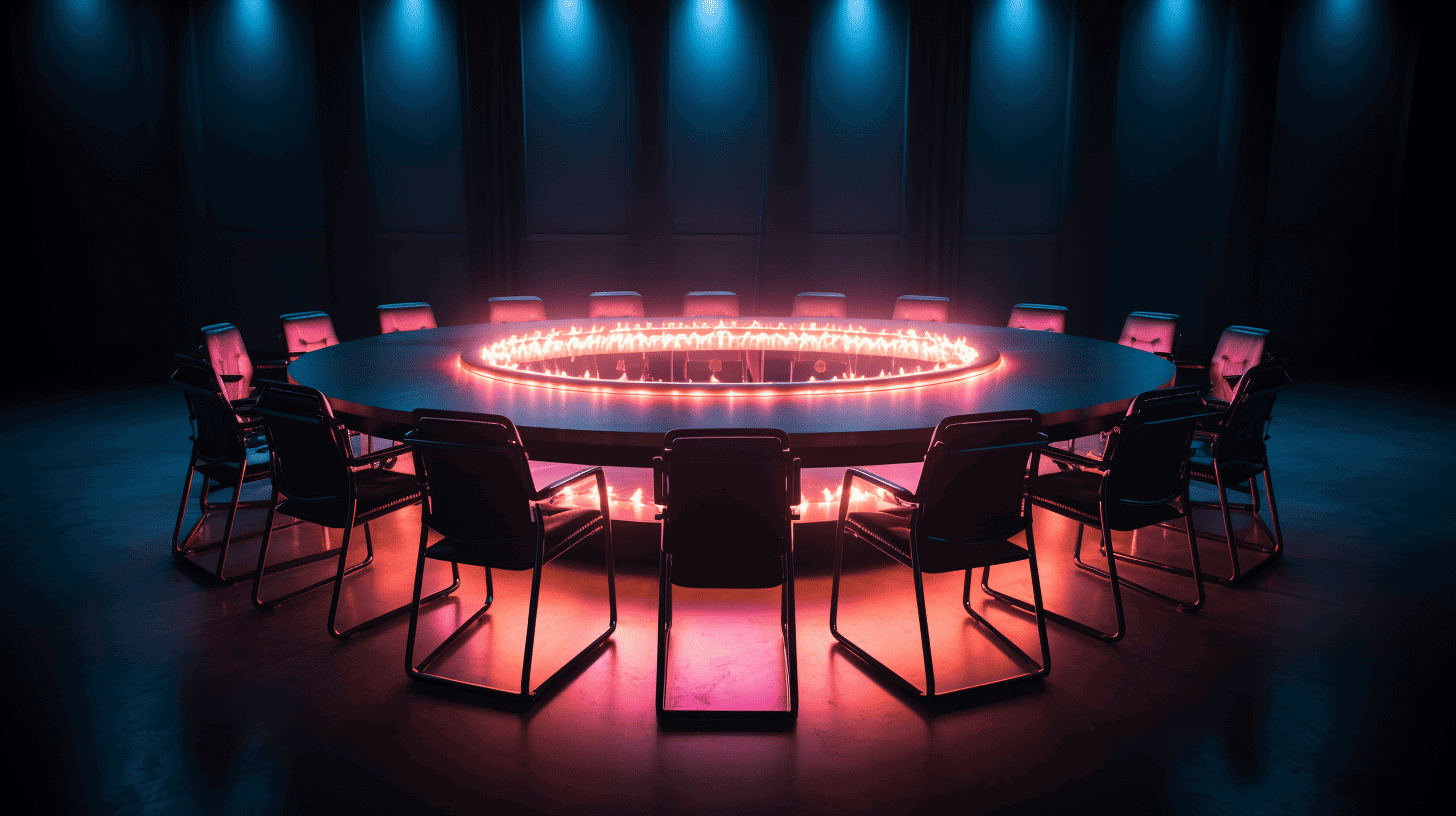 A glowing round table symbolize the decentralized autonomous organization.