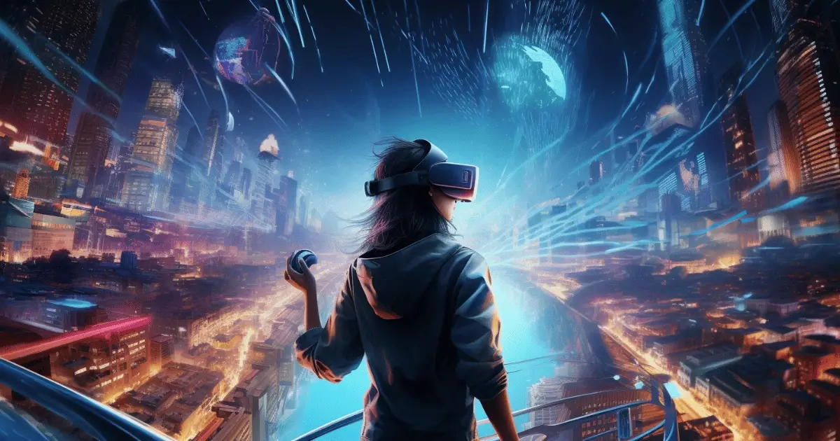 A person wearing a virtual reality headset and exploring a virtual world