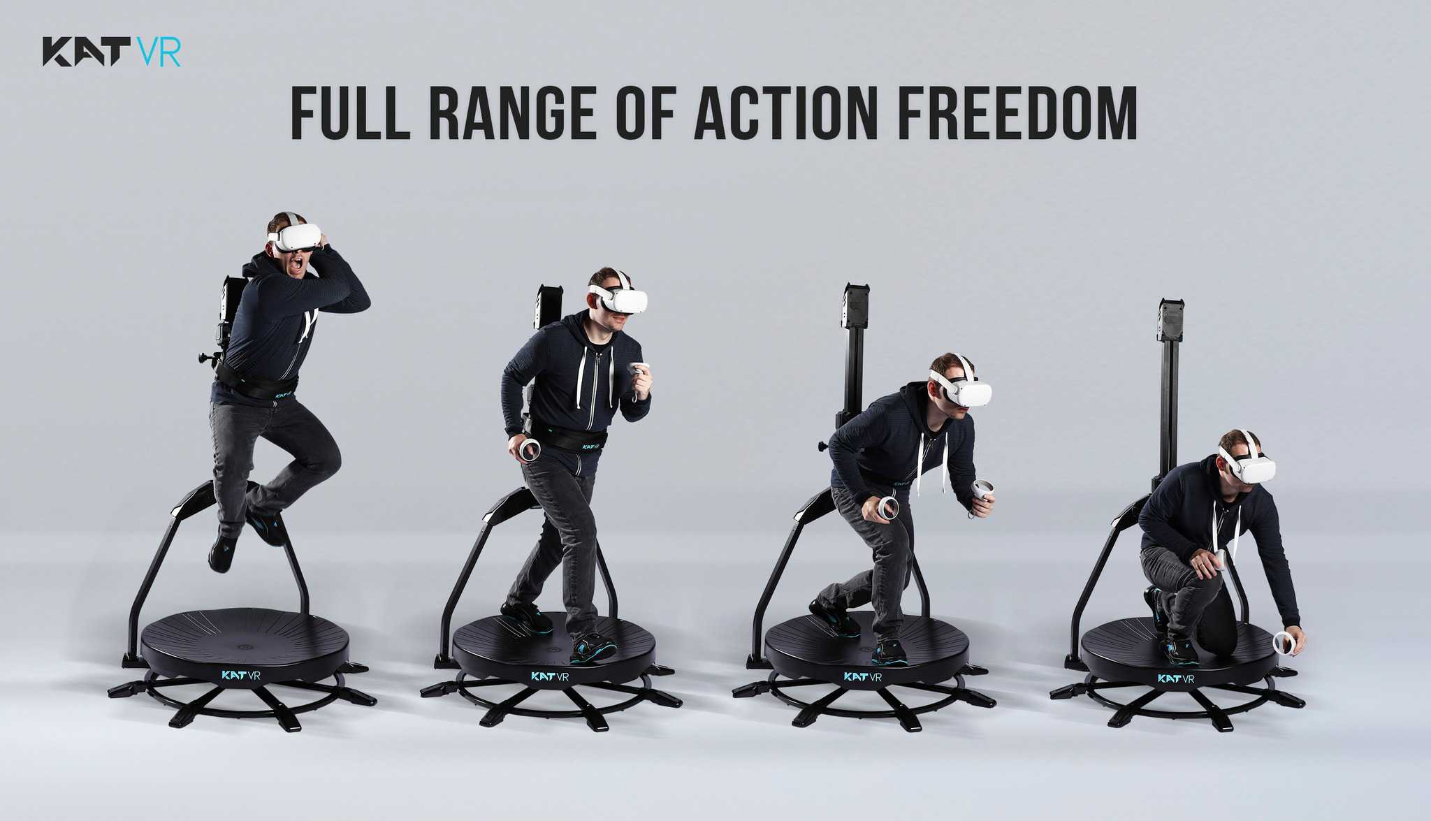 Best VR Treadmills of 2025 1 Man wearing a VR headset using a KAT VR omnidirectional treadmill to move freely in virtual reality, demonstrating running, walking, and crouching actions.