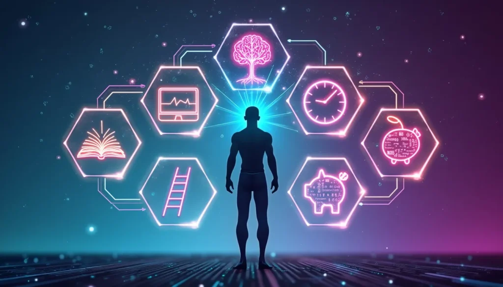 Leveraging AI for Personal Growth: Transform Your Life 2 Human silhouette surrounded by hexagons representing AI-enhanced areas: learning, productivity, health, emotions, career, and finance.