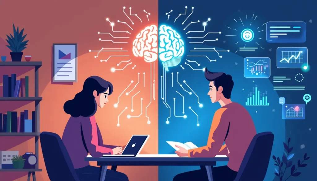 Leveraging AI for Personal Growth: Transform Your Life 1 Split image: person with books vs. same person using AI interfaces. Brain icon above bridges traditional and AI-enhanced growth.