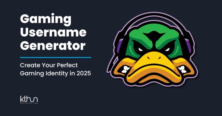 Gaming username generator logo featuring an angry green duck mascot wearing purple gaming headphones against dark background, with white text and blue accent line