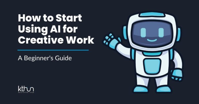 Cartoon robot with blue accents waving beside text "How to Start Using AI for Creative Work: A Beginner's Guide