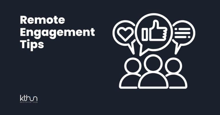 Dark banner featuring "Remote Engagement Tips" with white icons of people interacting with chat bubbles containing thumbs-up, heart, and list symbols.