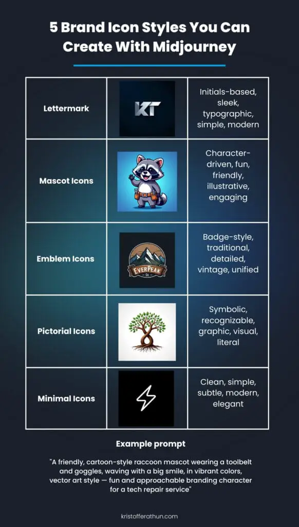 How to Create Custom Brand Icons Using Midjourney 2 Infographic showing 5 brand icon styles with Midjourney: lettermark, mascot, emblem, pictorial, and minimal icons with examples and descriptive keywords for each style.