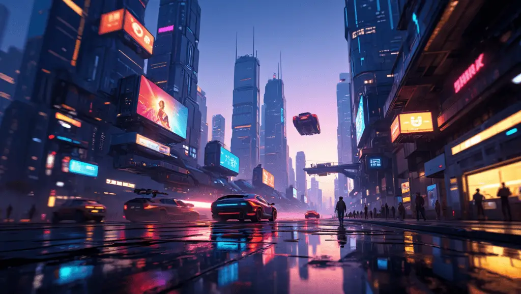 How to Create AI Art: A Beginner's Guide to Digital Masterpieces 4 Futuristic cyberpunk cityscape with neon-lit skyscrapers, flying vehicles, reflective wet streets, and digital billboards against a purple twilight sky.