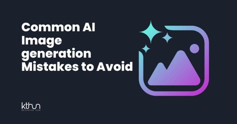7 Common AI Image generation Mistakes to Avoid 3 Graphic header with title "Common AI Image generation Mistakes to Avoid" next to gradient purple image icon with sparkles on dark background.