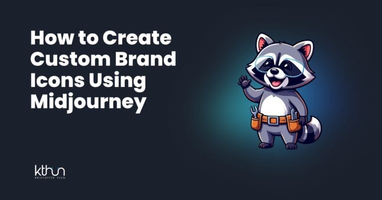 Cartoon raccoon mascot with toolbelt waving beside text "How to Create Custom Brand Icons Using Midjourney" on dark background with Kristoffer Thun logo.