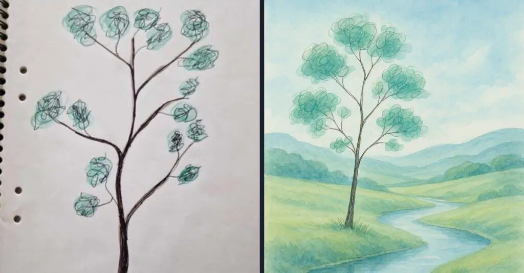 How to Create AI Art: A Beginner's Guide to Digital Masterpieces 7 Side-by-side comparison of a simple hand-drawn tree sketch with green scribbled foliage on left, and AI-generated watercolor landscape with similar styled tree on right.