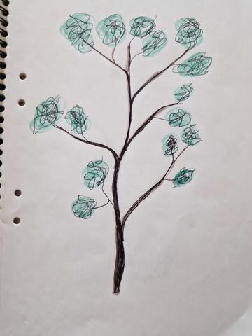How to Create AI Art: A Beginner's Guide to Digital Masterpieces 1 Simple hand-drawn sketch of a slender tree with brown branches and green scribbled circular foliage on spiral notebook paper.