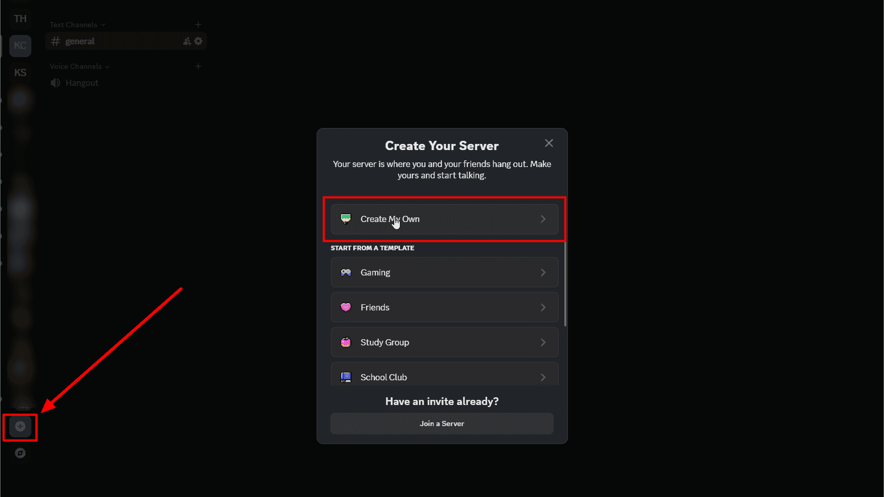 How to Create a Discord Server for Small Business in 15 min 3 Discord interface showing "Create Your Server" dialog with highlighted "Create My Own" option and red arrow pointing to server settings button.