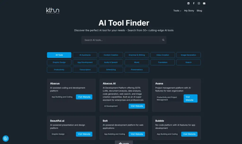 How to Become a Content Creator with AI: 7 Steps 5 Kristoffer Thun's AI Tool Finder webpage with search bar and category filters showing AI tools finder.