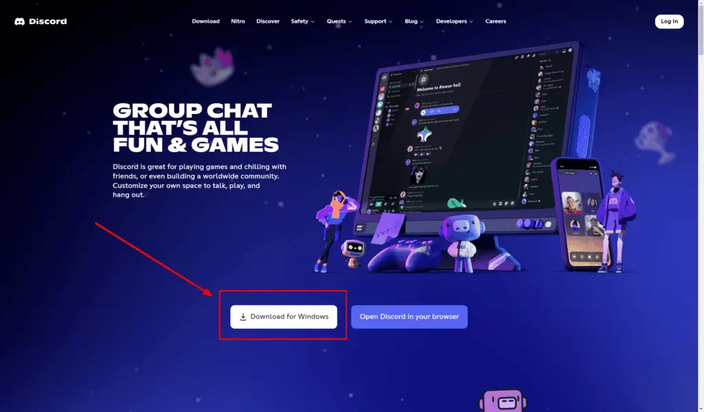 How to Create a Discord Server for Small Business in 15 min 2 Discord homepage with gaming interface and red arrow pointing to Windows download button.
