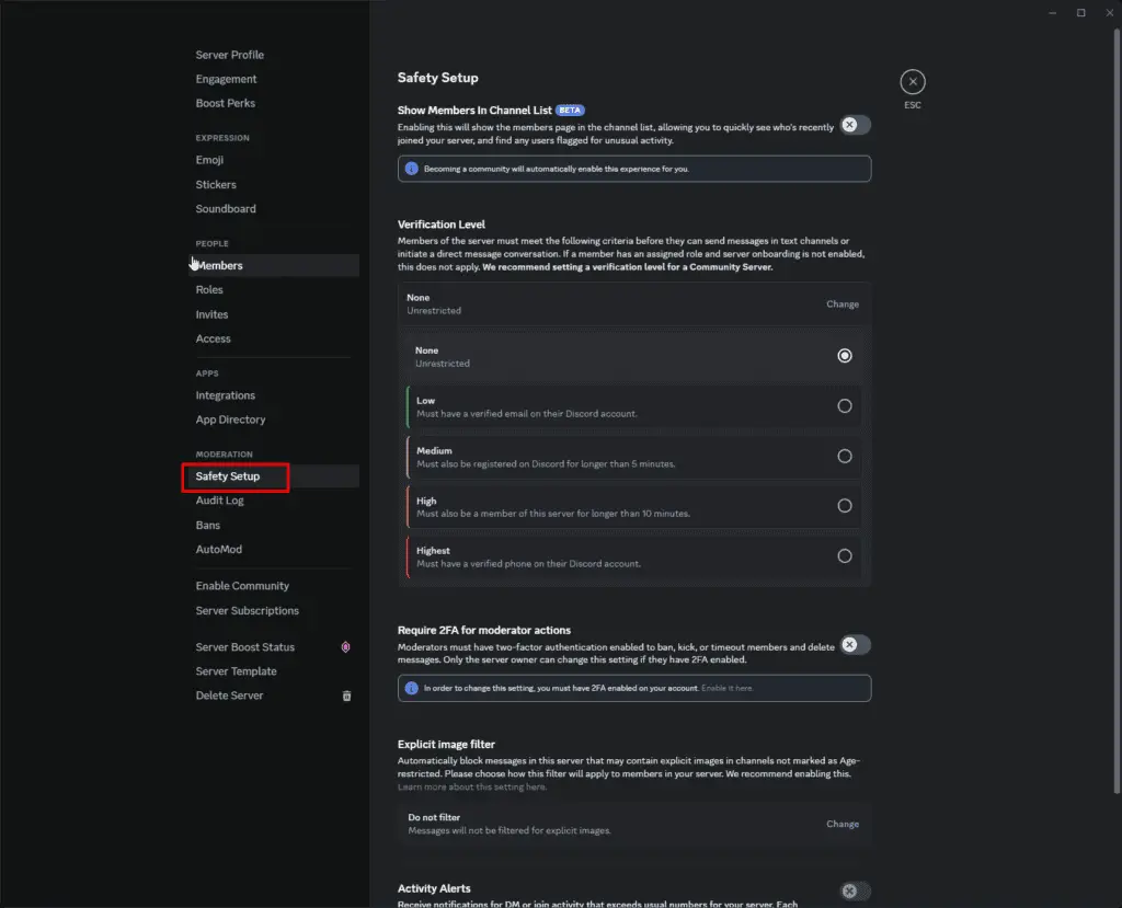 How to Create a Discord Server for Small Business in 15 min 4 Discord server settings page showing Safety Setup menu with verification level options and moderation tools.