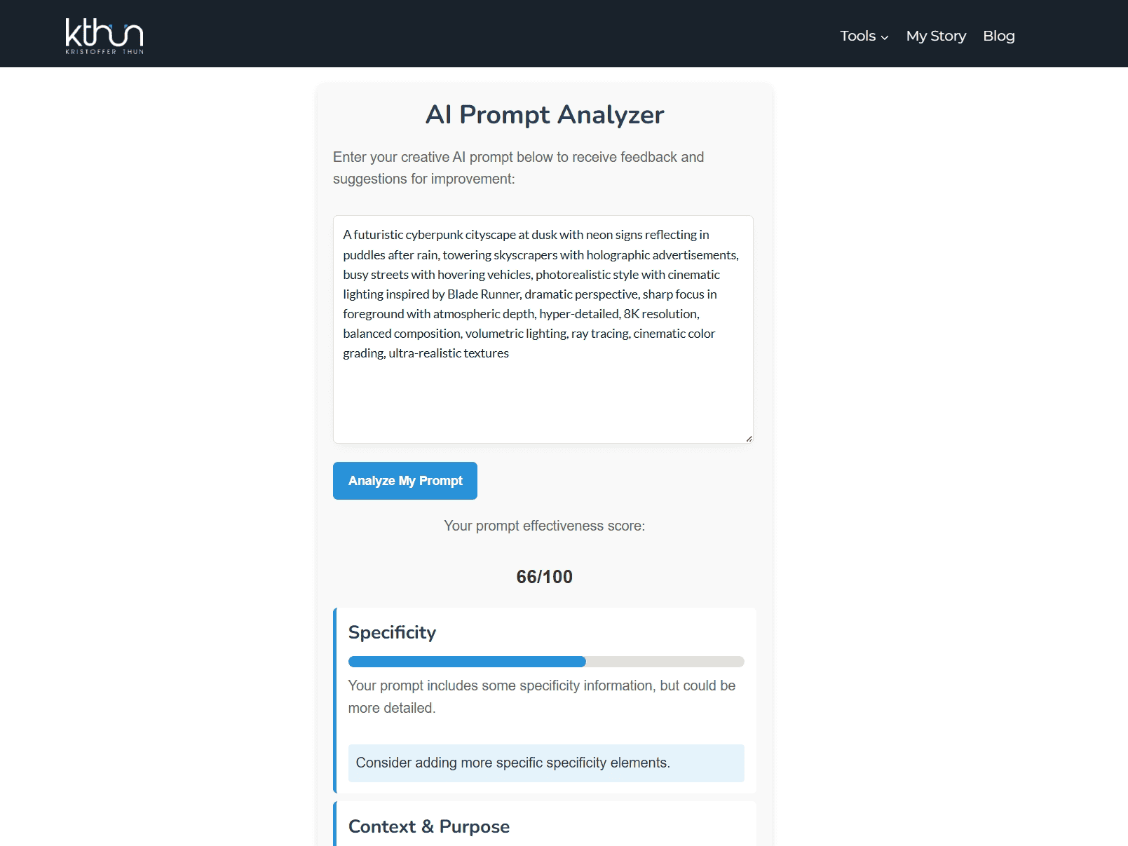 How to Create AI Art: A Beginner's Guide to Digital Masterpieces 3 Kristoffer Thun's AI Prompt Analyzer webpage showing a cyberpunk cityscape prompt with feedback score of 66/100 and specificity suggestions.