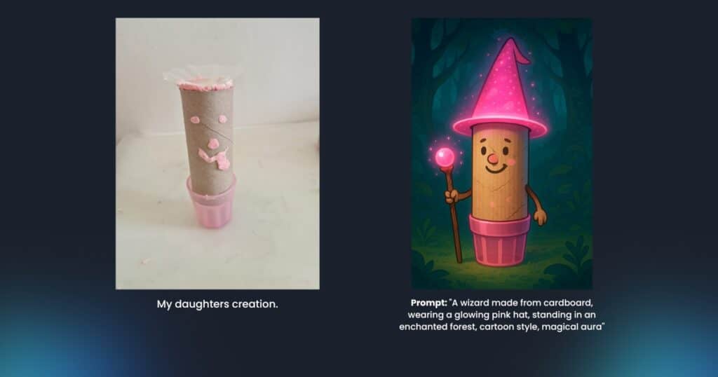 How to Create AI Art: A Beginner's Guide to Digital Masterpieces 6 Before-after comparison of toilet paper roll craft with simple face transformed into cartoon wizard character with pink hat in magical forest.