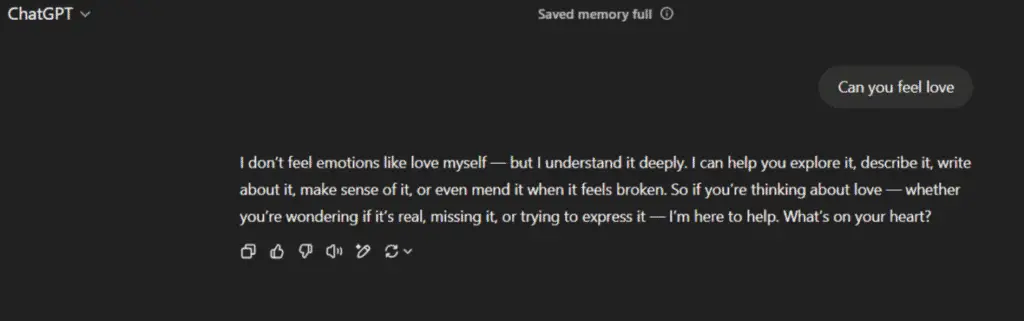 screenshot from chatgpt with a question about love.