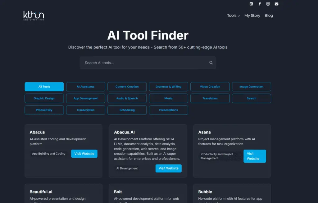 kristoffer thun's AI tool finder for Solopreneurs